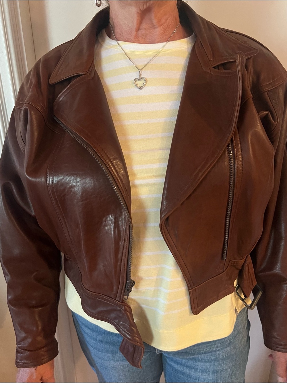 Christian Lauren Vintage Brown Leather Cropped Biker Jacket with Belt - Picture 8 of 9